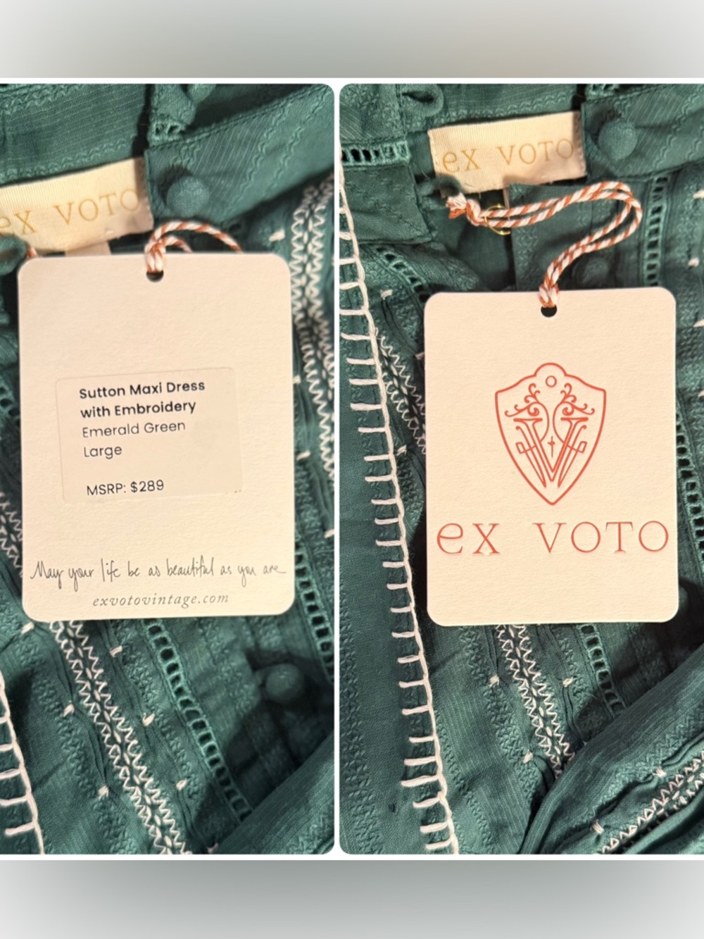 EX VOTO Sutton Cotton Embroidered Emerald Green Belted Maxi Dress NWT $289 - Picture 8 of 8